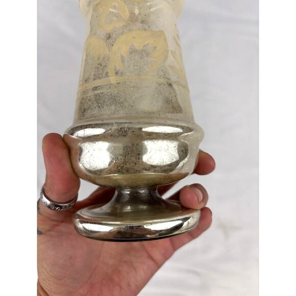 Antique Victorian Silver Hand Blown Mercury Glass Vase Floral Design 9" Tall - Picture 5 of 16
